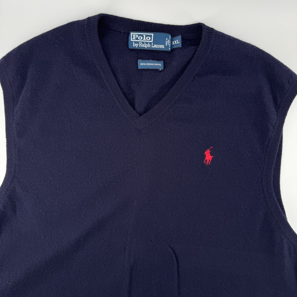 Polo Ralph‎ Lauren Sweater Vest Mens XXL Navy Blue 100% Merino Wool V-Neck Pony